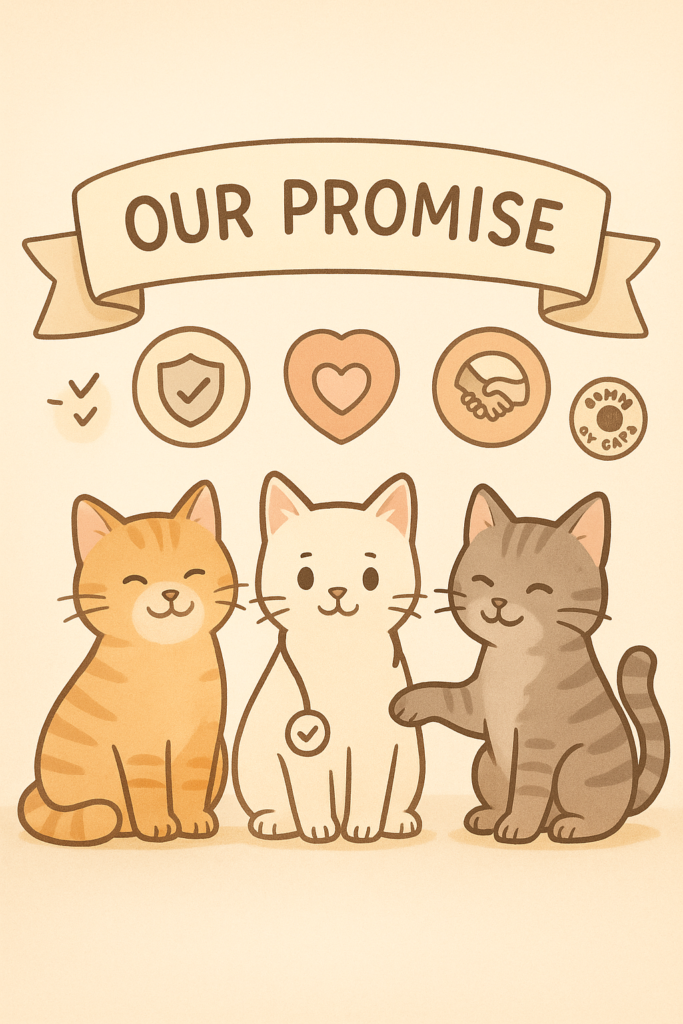 A warm pastel illustration showing three happy cats beneath a ribbon banner reading “OUR PROMISE,” accompanied by circular icons for quality (shield), care (heart), community (handshake), and feline endorsement (paw seal), reflecting KityZone’s commitment to trustworthy, empathetic, and authentic cat care guidance.