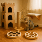 DIY Cat Enrichment Projects: How to Build a Fun and Stimulating Environment at Home Indoor cats thrive when their natural instincts—climbing, hunting, scratching, and exploring—are engaged through creative activities. This guide shares DIY cat enrichment ideas and homemade toys for indoor cats, showing you how to build a cat playground at home without breaking the bank. You’ll learn five hands-on projects, budget-friendly supply hacks, customization tips, and rotation strategies to keep your feline friend curious and content. Why Enrichment Is Vital for Indoor Cats Behavioral and Health Benefits Reduces boredom and hidden frustration that can lead to destructive habits. Provides exercise, helping to prevent obesity and related conditions. Stimulates the mind, lowering the risk of anxiety-related behaviors. Preventing Stress and Destructive Habits Cats left un-stimulated may over-groom, scratch furniture, or vocalize excessively. By offering interactive cat activities and cat boredom busters, you channel energy into positive outlets—rather than seeing shredded sofas. 5 Fun DIY Projects You Can Start Today 1. DIY Cardboard Cat Castle Materials: Several sturdy cardboard boxes Utility knife Non–toxic glue or packing tape Fabric scraps or paper for decoration Steps: Stack and secure two boxes by their bottoms with tape, creating a two-level structure. Cut entry holes in each level, large enough for your cat to slip through. Connect with ramps (cut long cardboard strips) between levels. Cover edges with fabric strips glued on—adds grip and color. Pro Tip: Rub a bit of catnip inside to attract your cat to explore their new cardboard cat house. **Quick Tips:** - Test all edges for sharp points. - Use plain, untreated cardboard—avoid inked surfaces. Alt text suggestion: “cat climbing a homemade cardboard tower” 2. Hanging Window Perch Using Old Furniture Repurpose an unused drawer or TV tray into a sunny lookout. Materials & Steps: Select a sturdy tray or shallow drawer. Attach L-brackets beneath for support. Mount to the wall just below a window, ensuring brackets are level and secure. Add a soft cushion or towel for comfort. Real-Life Example: Luna, our behavior expert, loves sunbathing on her DIY perch—she greets every bird outside with chirpy meows! 3. Puzzle Feeder from Household Items Turn mealtime into mental stimulation. Materials: A muffin tin Tennis balls Your cat’s kibble Steps: Sprinkle kibble into each muffin cup. Cover half the cups with tennis balls so your cat must paw them away to reach the food. Supervise the first session to ensure safety. Pro Tip: For a challenge, wrap treats in small pieces of paper that your cat must unfold. **Quick Tips:** - Always use cat-safe, non-toxic materials. - Introduce one puzzle at a time to avoid frustration. Alt text suggestion: “cat eating treats from DIY food maze” 4. Homemade Scratching Post with Sisal Rope A simple DIY scratching post to protect your furniture. Materials: A sturdy wooden post or thick branch Sisal rope Staple gun or non-toxic glue Stable base (wooden board) Steps: Secure base: attach the post to a flat wooden board. Wrap rope around the post tightly, stapling or gluing each coil. Top it off: tie off the rope neatly and hide loose ends. Pro Tip: Sprinkle a touch of silvervine or catnip at the bottom to entice scratching. Alt text suggestion: “DIY scratching post made from wood and rope” 5. Interactive “Treat Maze” Using Recycled Boxes Create an obstacle course for your cat’s treats. Materials: Several small boxes Scissors Treats or kibble Steps: Arrange boxes in a line or maze pattern, cutting holes between adjacent sides. Hide treats in some boxes. Encourage exploration by guiding your cat to push through boxes to find treats. Real-Life Example: Milo loves his treat maze so much that he now races through it every afternoon! Budget-Friendly Supplies You Already Have Reusing cardboard, rope, old furniture, baskets, socks for toys and perches. Safety checklist: No small pieces that can be swallowed Avoid toxic glues or paints Ensure structures are stable Making It Personal: Customizing for Your Cat’s Personality Active cats: Add climbing shelves, dangling toys, and multi-level towers. Lazy cats: Soft hammocks, heated beds, low-effort puzzle feeders. Anxious cats: Cozy hideaways with soft fabrics and low lighting. Add-ons: Catnip sachets, textured fabrics (faux fur, sisal), and adjustable levels to suit your cat’s preference. How Often to Rotate or Refresh Enrichment Stations Rotate weekly to keep environments novel and exciting. Seasonal themes: Spring: fresh grass mats Autumn: leaf tunnels Winter: cozy hideouts This strategy prevents habituation and maintains your cat’s interest. Internal Links to Explore Next Learn to redirect destructive scratching in Why Is My Cat Scratching Everything? Keep your kitty content with Top Tips for Keeping Your Indoor Cat Happy Tailor activities by age via Understanding Kittenhood: Development & Behavior Add sensory play using insights from Why Does My Cat Knead? Quick Tips Box Always test for sharp edges before introducing projects. Use untreated wood and pet-safe glue. Supervise your cat’s first interactions with new toys. FAQ (Schema-Ready) Are DIY cat toys safe? Yes—as long as you use non-toxic materials, avoid small swallowable parts, and supervise initial play. How often should I change enrichment setups? Rotate or refresh every 1–2 weeks to prevent boredom and sustain curiosity. Can I involve kids in DIY builds? Absolutely—just ensure adult supervision for tools and glue, and let kids decorate with pet-safe paint.