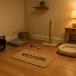 A cozy starter room set up for a rescue cat, featuring a pet carrier, litter box, scratching post, plush bed, toys, and a “WELCOME” mat under warm lamp lighting.